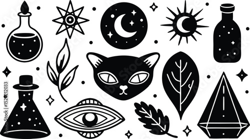  Witchcraft Icon Set, Magic Art, Minimalist Cat and Potion Design, Mystical Illustration Collection