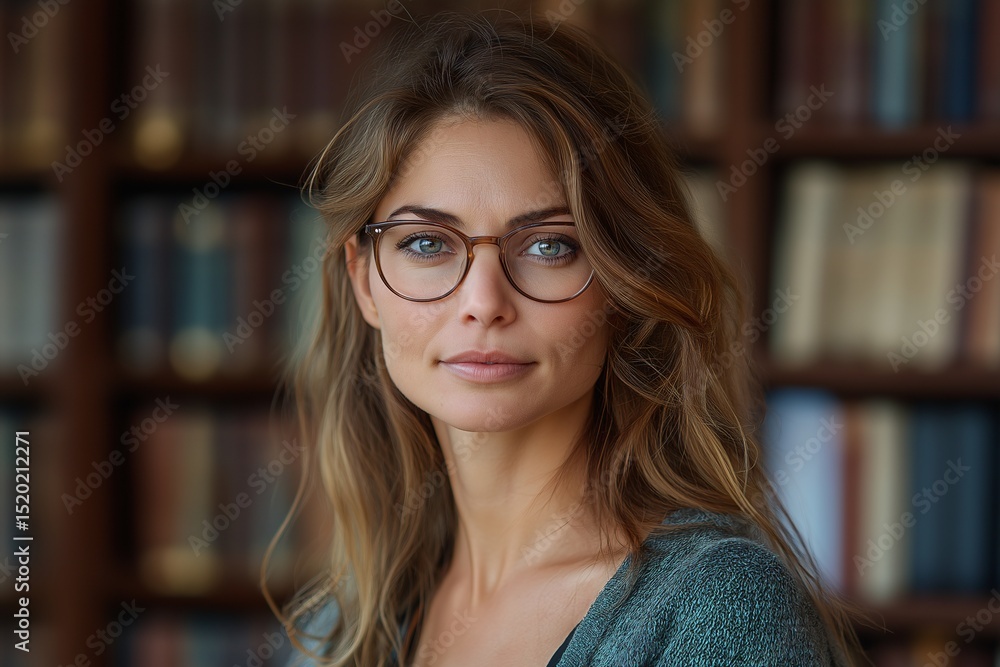 Young Intellectual Woman with Glasses in Modern Library. Embracing Knowledge and Confidence Young Intellectual Woman with Glasses in Modern Library. Embracing Knowledge and Confidence