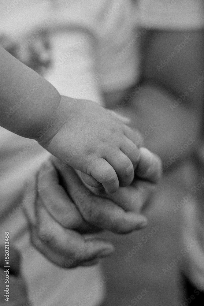 Photo en noir et blanc de la main d'un petit bébé qui donne sa main à ses parents Photo en noir et blanc de la main d'un petit bébé qui donne sa main à ses parents
