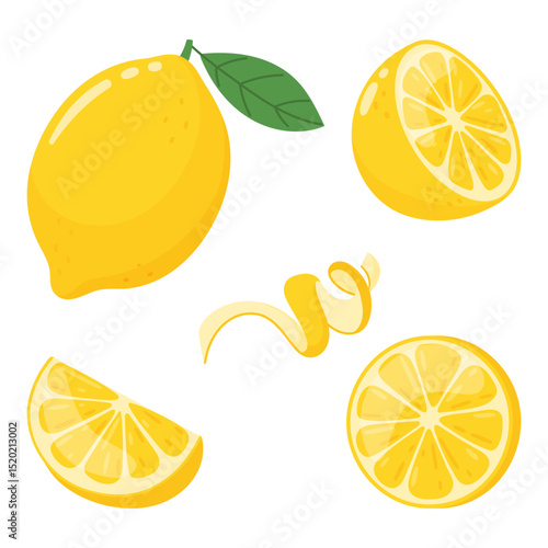 Lemons vector set, various lemons, slices and zest in simple flat style