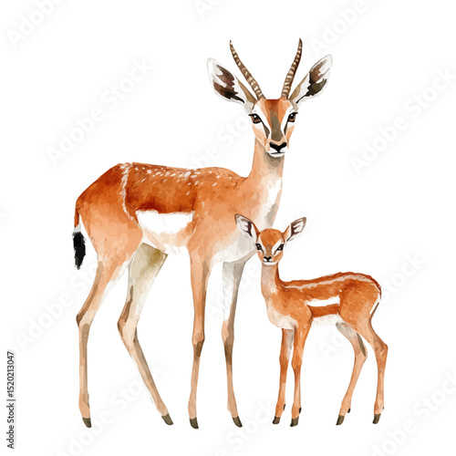 A Mother Antelope With Her Kid, watercolor illustration vector, high quality, isolated on a white background.