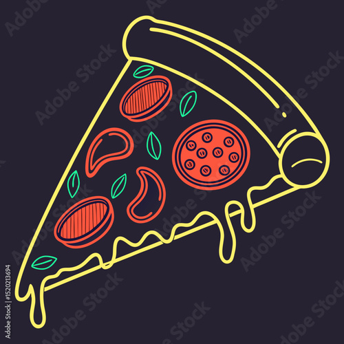 A slice of pizza with salami and green basil leaves