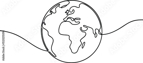 One line globe, earth planet outline, Continuous one line art drawing of earth planet, Globe, geography vector outline, Single line illustration of world map 