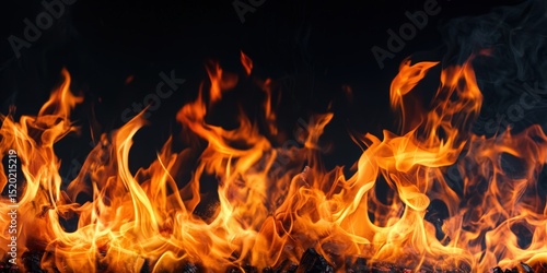 Fiery abstract fire texture. Intense orange and yellow flames against a black background. Ideal for designs, websites, and backgrounds. Commercial use allowed.