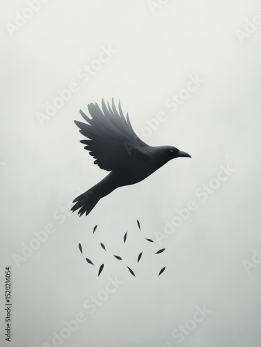 Black Bird Flying With Falling Feathers Minimalist Fine Art

