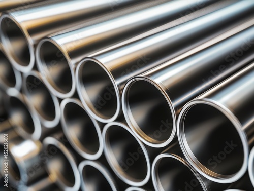 Close-up of shiny metal pipes. Industrial, abstract texture. Perfect for websites, brochures, and presentations related to manufacturing or technology. Ideal for backgrounds and textures.