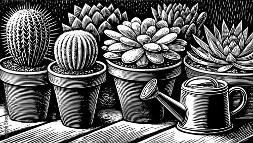 A black and white sketch vector of gardening plants: cactus, succulents, pots, watering can