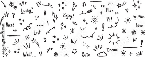 Line sketch star, text, arrow, heart decoration element icon set. Hand drawn sketch doodle cute star, emphasis, flower element. Pen line, brush, love text decoration shape icon. Hand drawn vector