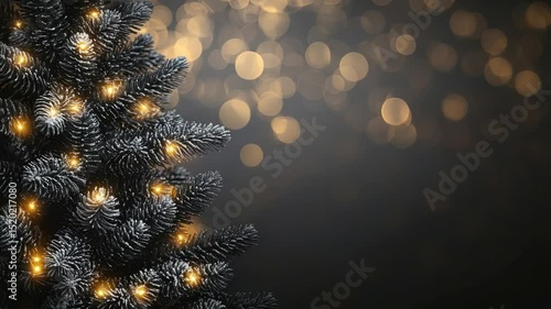 Dark, snowy Christmas tree with warm, glowing lights