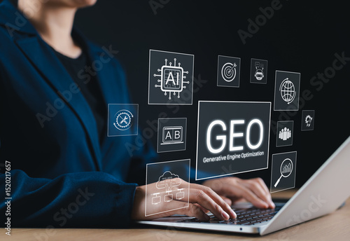 GEO Generative Engine Optimization Concept for Online Marketing. Businessperson using laptop with icons representing GEO, artificial intelligence, data analysis, coding, AI search, and web strategy.