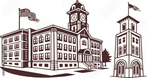 Grand Courthouse with Flags Sketch, Architecture Art, Minimalist Clock Tower Design, Historic Landmark Illustration