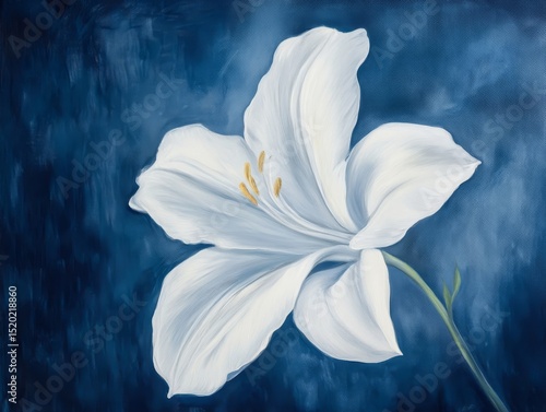 White Lily Flower On Deep Blue Textured Artistic Background
