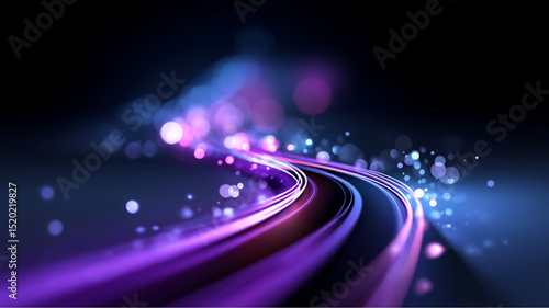 Abstract purple and blue light trails with bokeh effect on a dark background creating depth