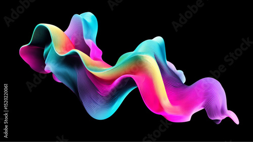 Abstract multicolored wavy shape with lines against a black background in a digital rendering