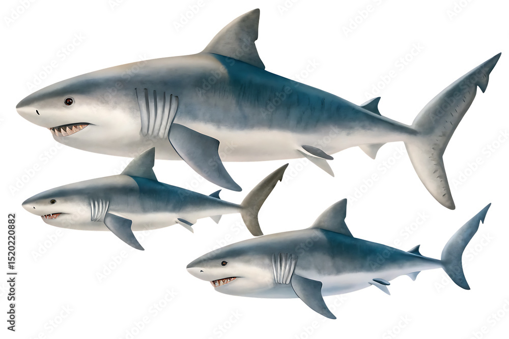 Naklejka premium Three great white sharks swimming isolated on a white background