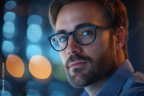 Handsome Young Adult Male Model with Glasses and Beard in Thoughtful Business Setting - Focus on Eyes in Indoor Urban Office Workspace