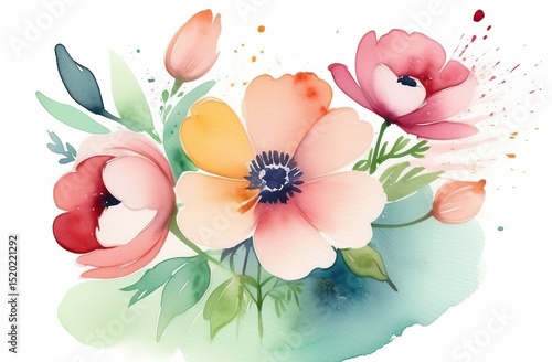 Watercolor flowers for postcard template with Decorative flowers, petals, branches and leaves. Watercolour composition for wedding invitation. Print for t-shirt.