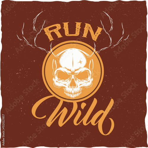Skull with deer horns, Hipster theme illustration.