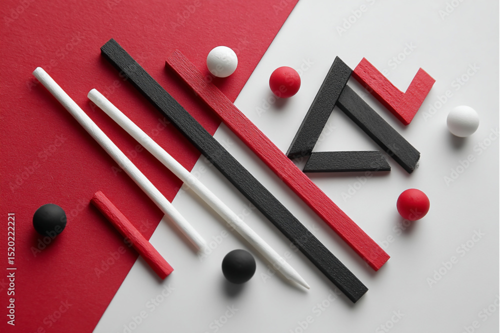 Geometric arrangement of red black and white rods balls and shapes on a split background design Geometric arrangement of red black and white rods balls and shapes on a split background design