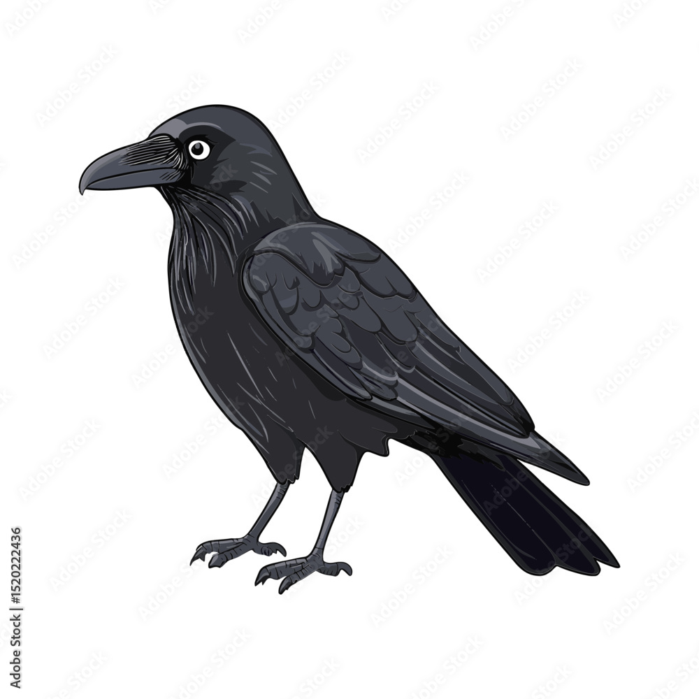 Naklejka premium Raven Illustration: A captivating illustration showcases a sleek, black raven, standing proudly with an air of intelligence and mystery, evoking a sense of ancient wisdom.