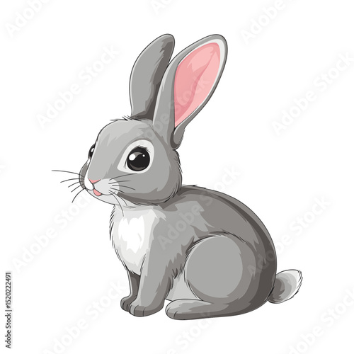 Grey Rabbit Cartoon: A charming cartoon rabbit, colored in soft grey, stands alert with its ears perked up, in a clean and simple style.