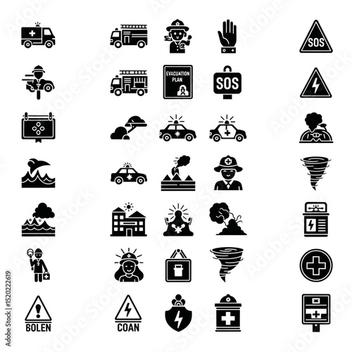 Emergency and safety icon set. Vector glyph pictograms of ambulance, fire, police, SOS, evacuation, natural disaster response, medical aid, law enforcement, black silhouette illustration, in black and