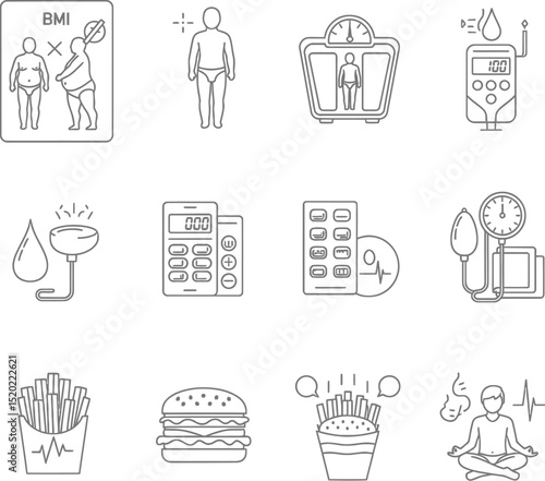 Obesity Health Risks line icon set. Vector pictograms of BMI chart, body weighing scale, diabetes, cholesterol problems, high blood pressure, fast food, mental health thin linear illustration in black