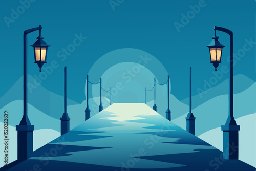 fog and sleet on a frozen river trail lanterns