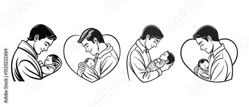 Father Holding Newborn Baby  vector Set– Tender Silhouette Vector Depicting New Fatherhood Bond on Father’s Day