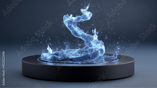 Abstract water sculpture on a black pedestal with glowing particles in a dark blue gradient background