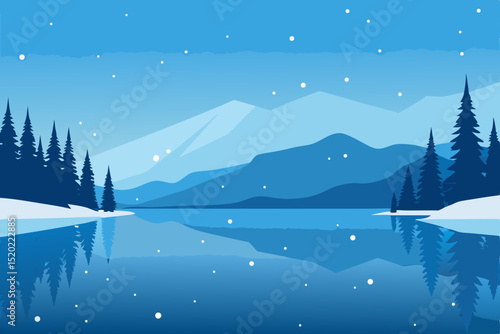 winter landscape with lake and mountains
