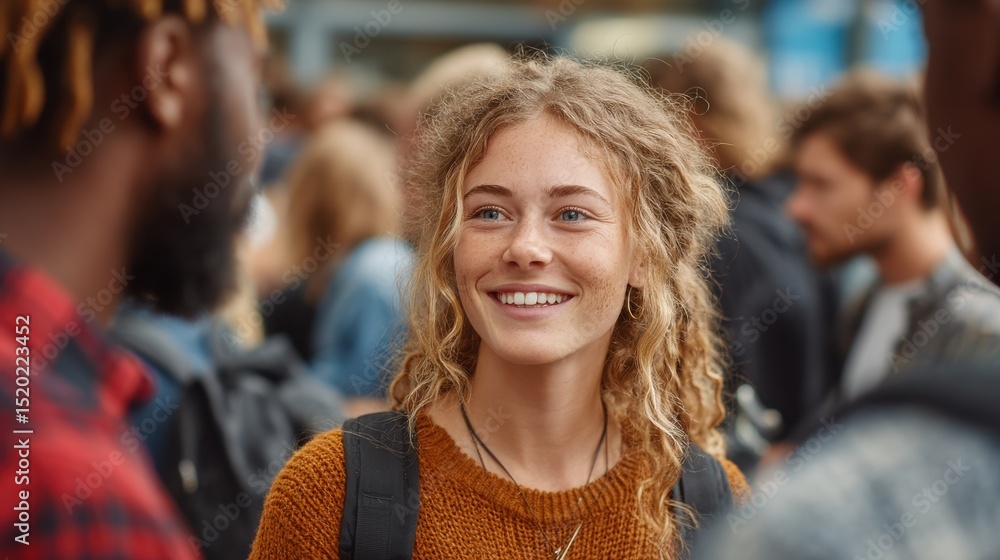 Fototapeta premium Academic setting with diverse college students standing in groups, talking