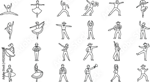 Dance line icon set. Vector pictograms of various people dancing styles - ballet, salsa, hip-hop, traditional folk, tango, jazz, samba, flamenco, disco freestyle thin linear illustration
