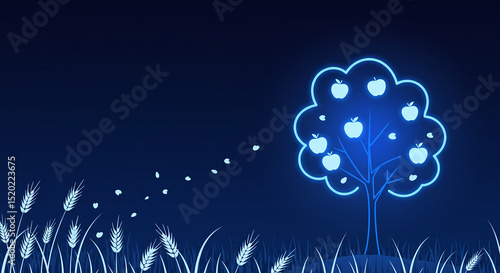 Glowing apple tree and wheat in a dark field