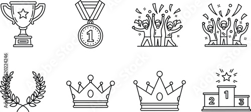 Victory, achievement line icon set. Vector pictograms of trophy, first place medal, celebration, laurel wreath, crown, and winner podium thin linear illustration, in black and white design.
