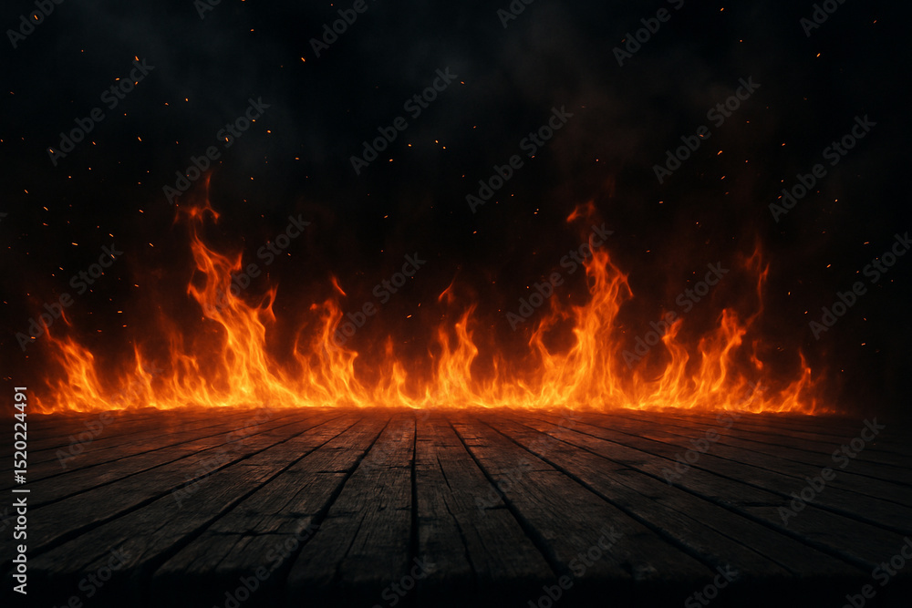Fototapeta premium Flames burning on wooden floor with dark background and sparks