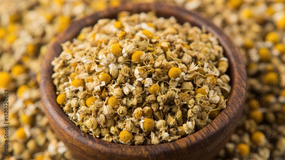 Dried chamomile flowers in wooden bowl for tea preparation and herbal remedies Dried chamomile flowers in wooden bowl for tea preparation and herbal remedies