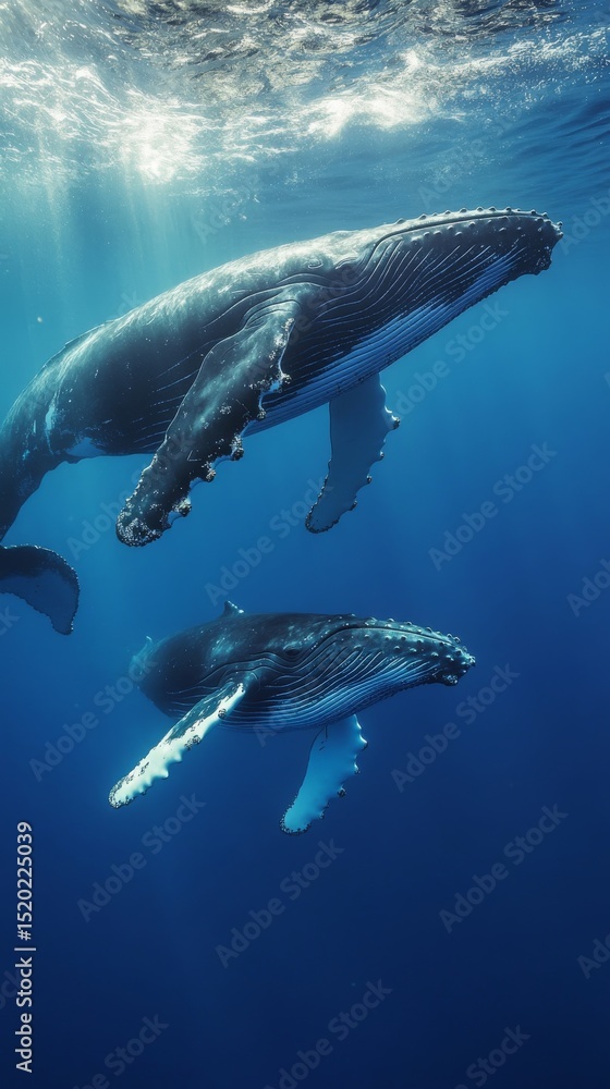 Fototapeta premium Majestic whales glide through sunlit ocean depths together