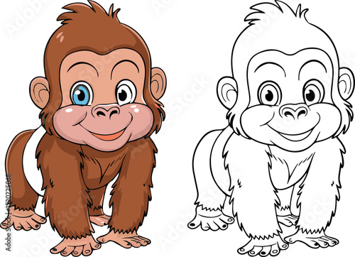 Adorable baby gorilla cartoon illustration happy young primate animal drawing ape kid cute funny image child