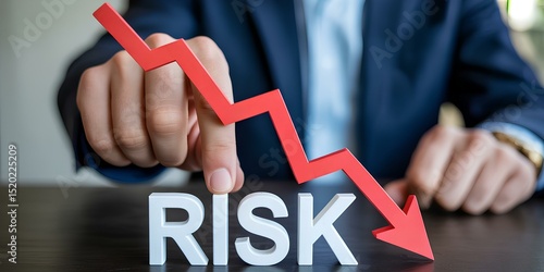Person Pointing Diminishing Arrow Over The Risk, businessman with down of 3D arrow risky graph. Finance portfolio strategy of investment with market analysis, sales profit and best return capital.