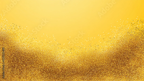 A luminous yellow background adorned with a cascade of shimmering golden glitter particles descending down