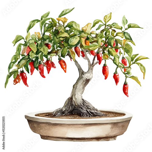 A Monks Pepper Bonsai, watercolor illustration vector, high quality, isolated on a white background.