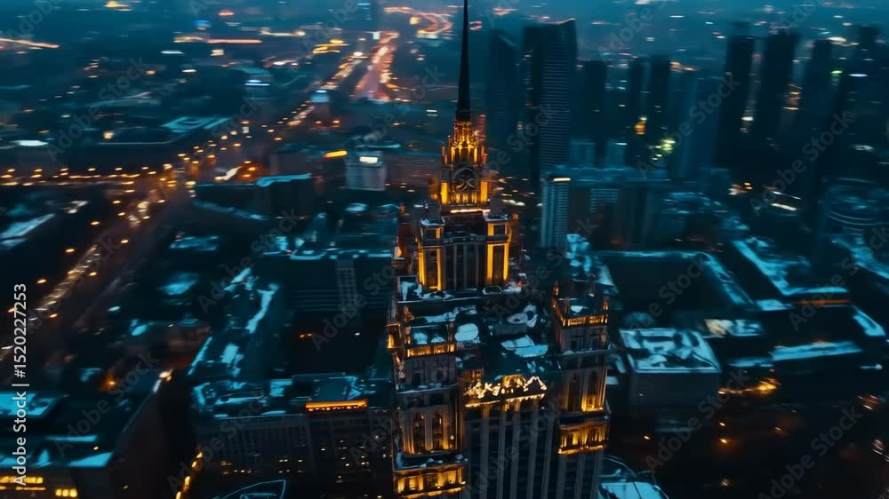 Aerial view of a cityscape at night with illuminated buildings Aerial view of a cityscape at night with illuminated buildings