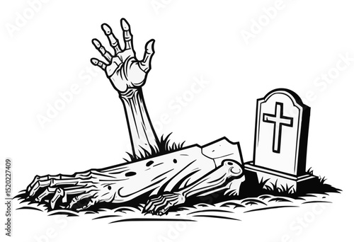 A zombie hand emerging from the ground near a gravestone.