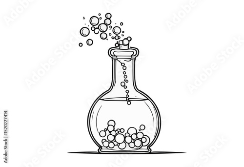 Chemical reaction happening inside glass beaker with bubbles rising above.