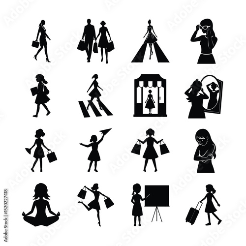 Silhouettes of Women in Various Activities: Shopping, Traveling, Working, and Relaxing