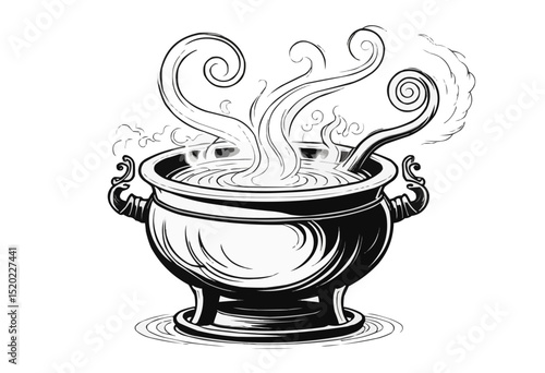 A detailed illustration of a cauldron with swirling steam rising from it.