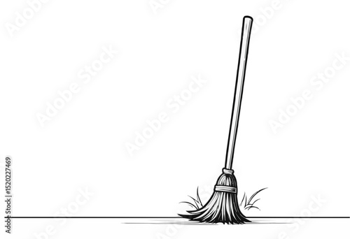 A whimsical broom leans against a wall, surrounded by playful sprouts of grass.