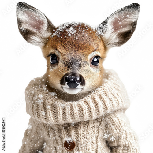 Baby Deer in Cozy Jumper Playing with Snowflakes