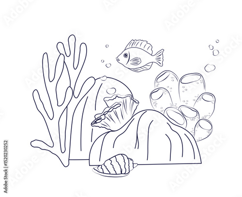 underwater world of the ocean. The bottom of the sea with fish algae shells and corals. Vector stock illustration. Isolated on white background. 